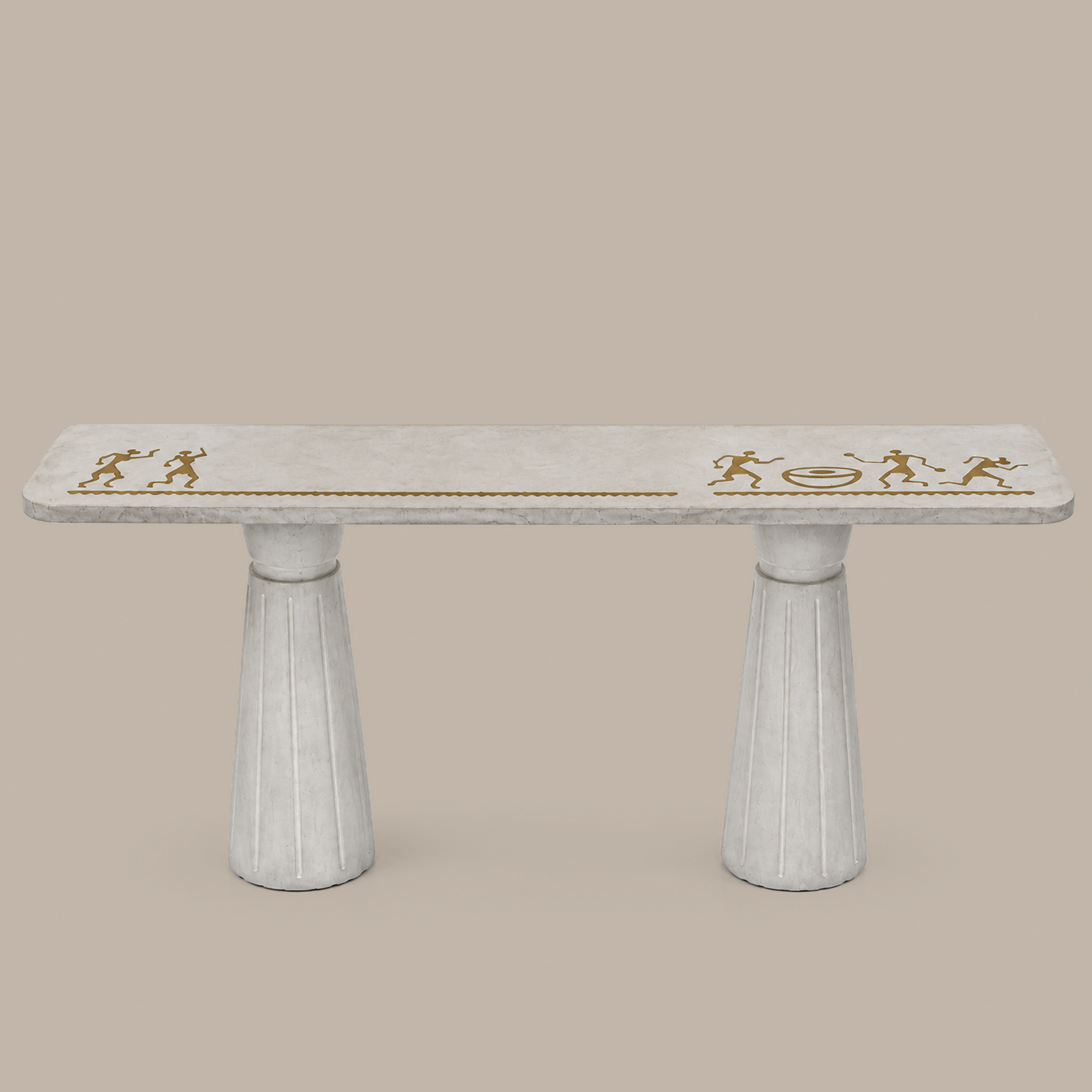 Front view of console in concrete with tapered legs, modern brass inlay & tribal warli folk art on tabletop.