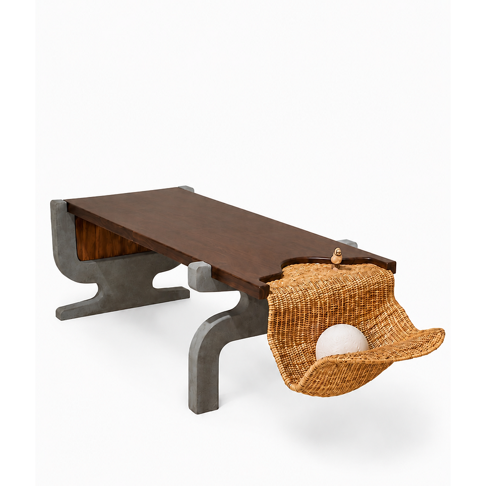 Isometric view of Bench in teakwood with organic rattan detail on one end and U-shaped concrete legs.