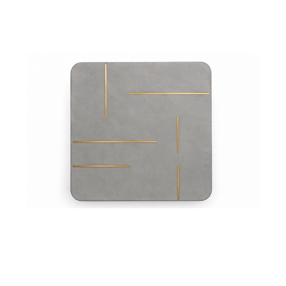 Front view of minimal wall art in concrete with modern brass inlay and geometric lines.