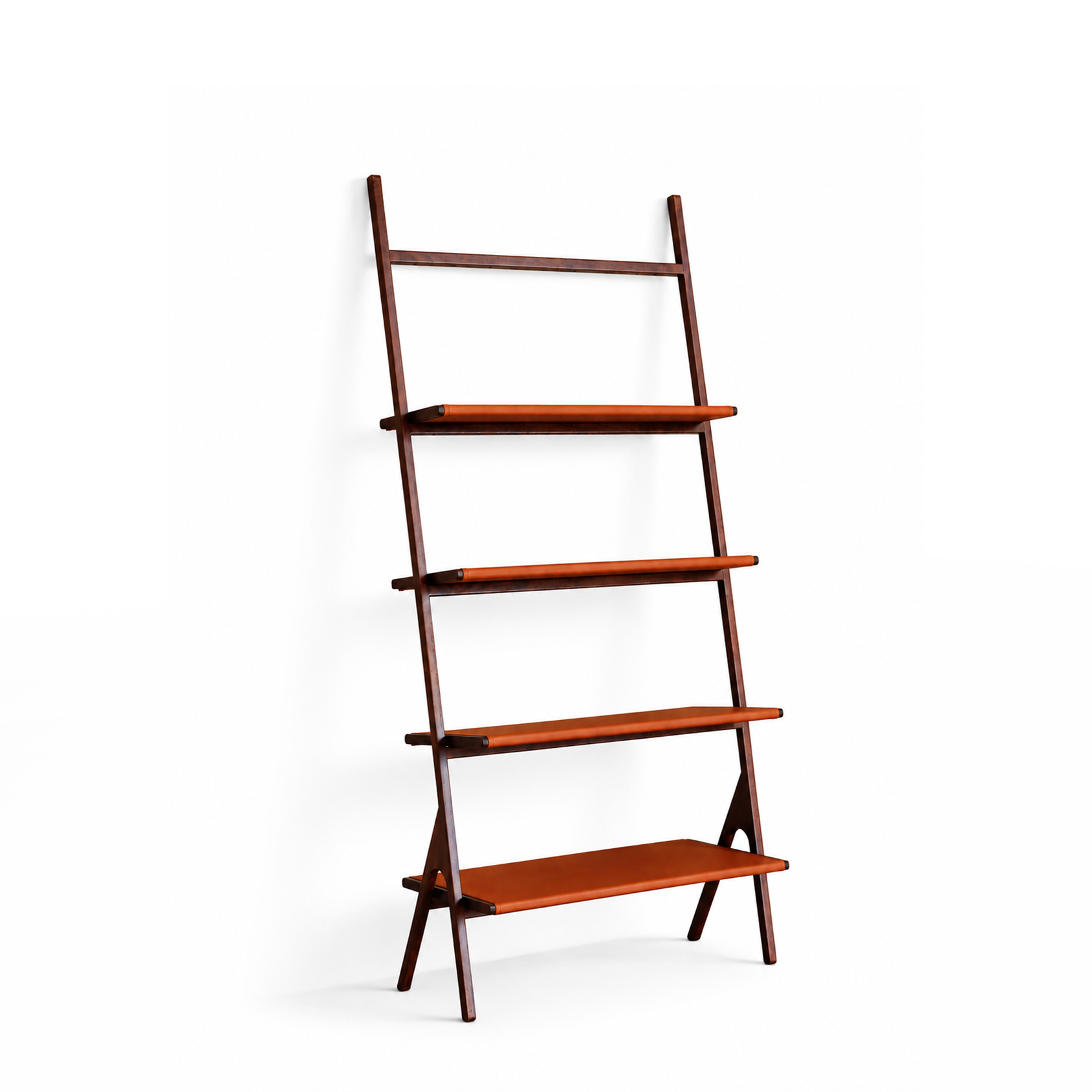 Isometric view of wooden ladder shelf with four open shelves and a freestanding angled frame in teakwood.