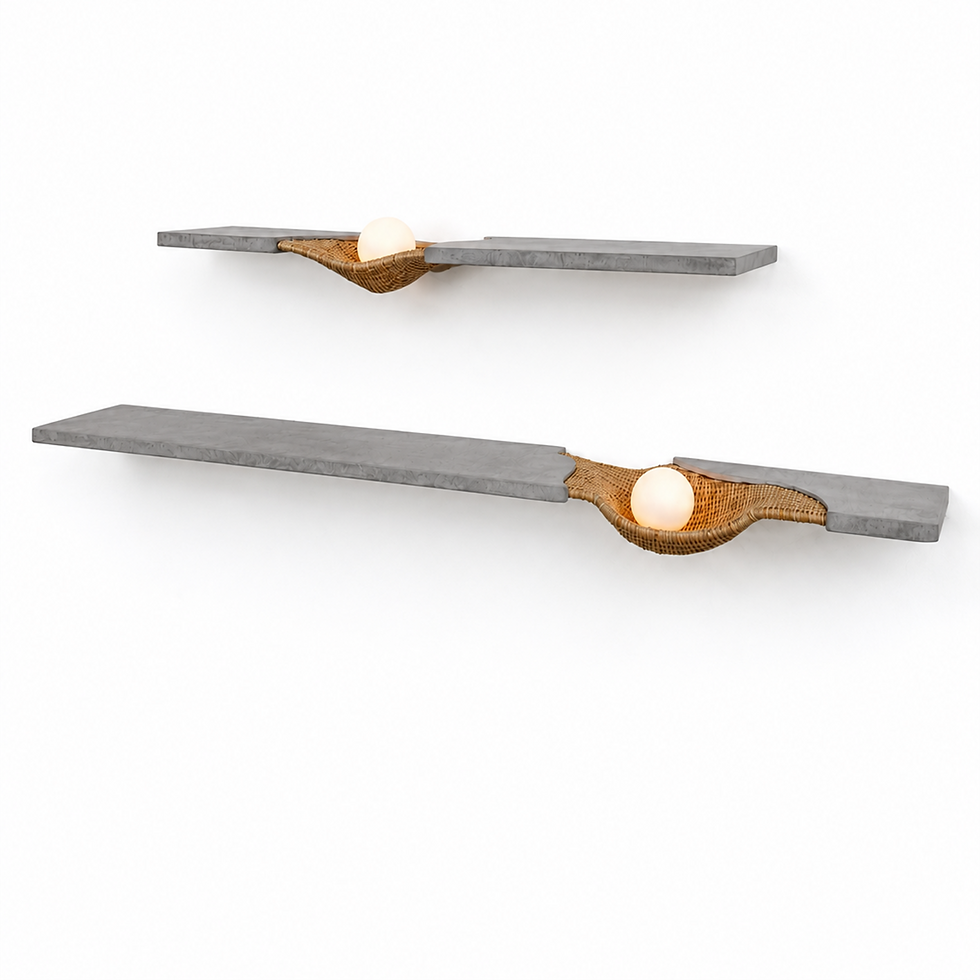 Thumbnail: Isometric view of two wall mounted shelves in concrete with organic rattan detail on the surface.