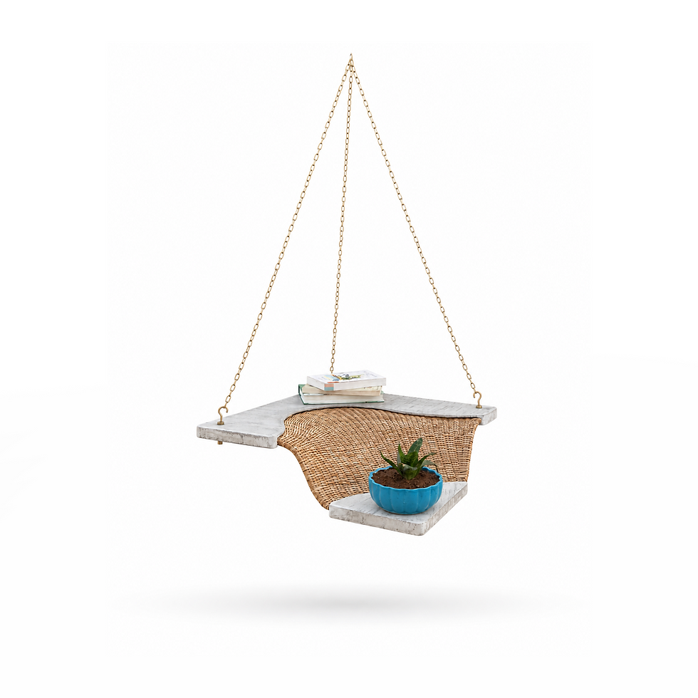 Isometric view of suspended square coffee table in concrete with organic rattan detail in the middle of the tabletop.