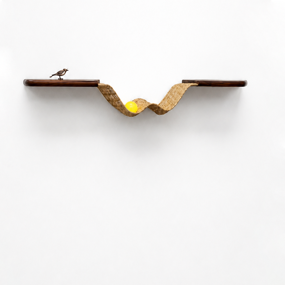 Isometric view of irregular shaped organic shelf in beige toned concrete with organic rattan detail on the surface.