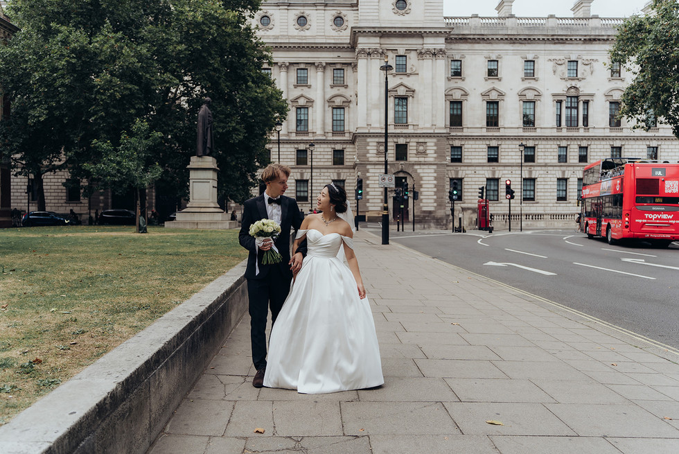 After the ceremony, we embarked on a breathtaking journey through some of London’s most picturesque locations. Our first stop was Park Crescent, where the couple posed gracefully against the backdrop of elegant Regency architecture. The stunning symmetry and classic style of the crescent provided a timeless aesthetic for their wedding portraits.  From there, we moved to Regent Street, capturing candid and romantic moments amid the hustle and bustle of London’s vibrant heart. The grand buildings and festive atmosphere made for striking wedding photography, blending modern energy with timeless romance.  To round off the day, we traveled to Westminster, where Vadim and Yu stood before some of London’s most recognizable landmarks. From Big Ben to the Houses of Parliament, every shot captured the essence of their love story in the city’s most iconic settings. These final moments created breathtaking memories that will last a lifetime.