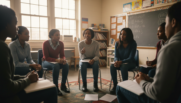 Eye-level view of a classroom discussion circle with students listening to one another.