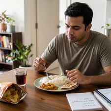 A candid photograph of a man eating a carbohydrate-heavy meal of white rice and roti at a wooden table, looking thoughtful while holding a fork, with a sweet drink, a bag of chips, a tablet showing a blood sugar chart, and a notebook with nutrition questions nearby in a home setting.