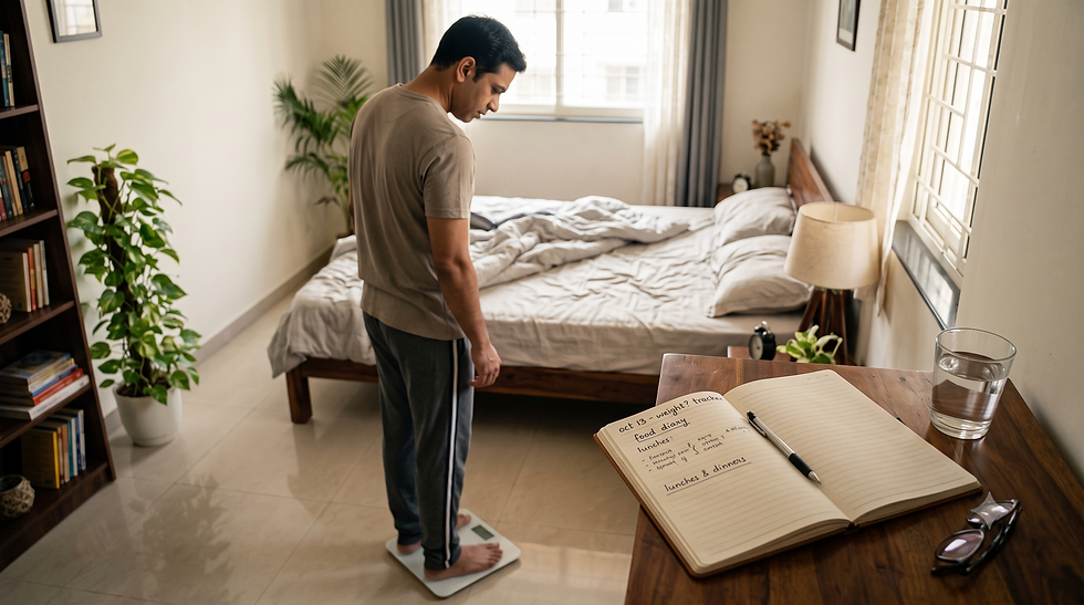 A man looking down thoughtfully while standing on a digital scale in his bedroom, next to a desk with a food journal and pen.