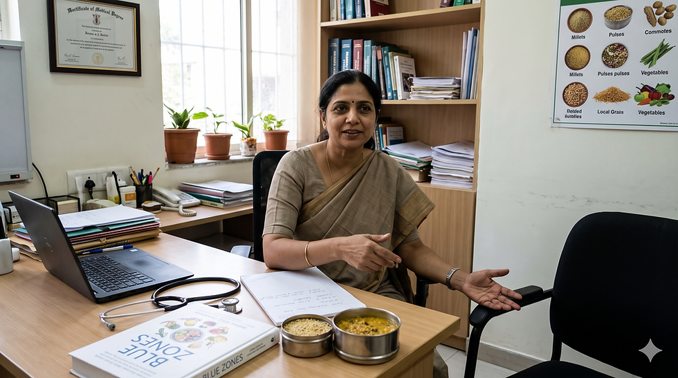A female doctor sitting at her clinic desk, gesturing toward a book titled "Blue Zones" and small stainless steel containers filled with traditional grains and dal.