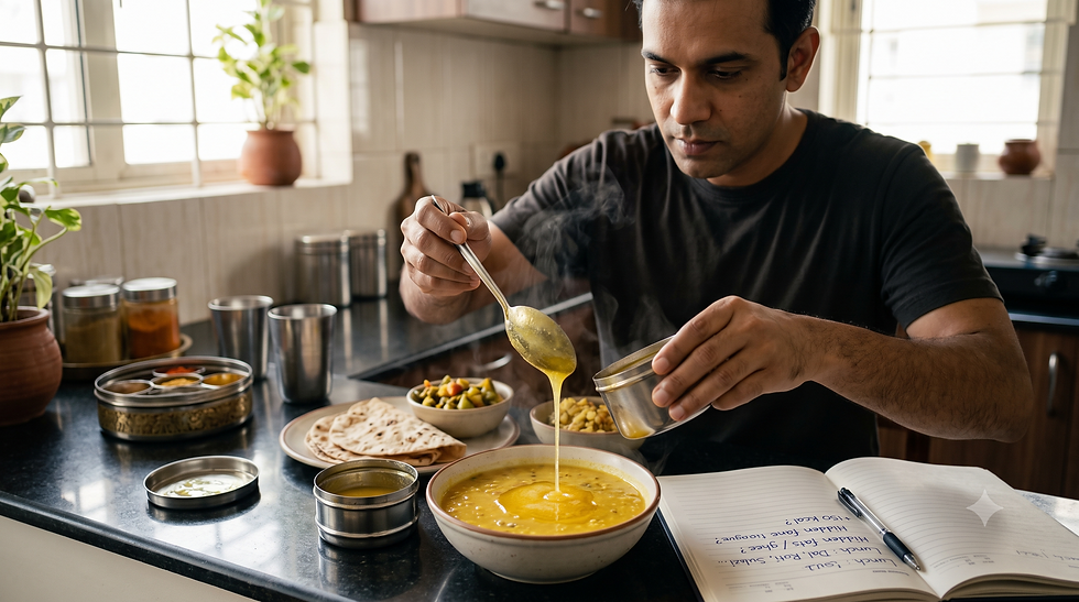 An Indian man in a home kitchen pouring a spoonful of ghee over a bowl of dal, with a food diary and pen next to the dish representing hidden calories in daily meals.