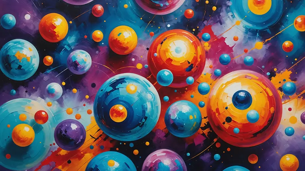 Close-up view of vibrant abstract painting with cosmic orbs