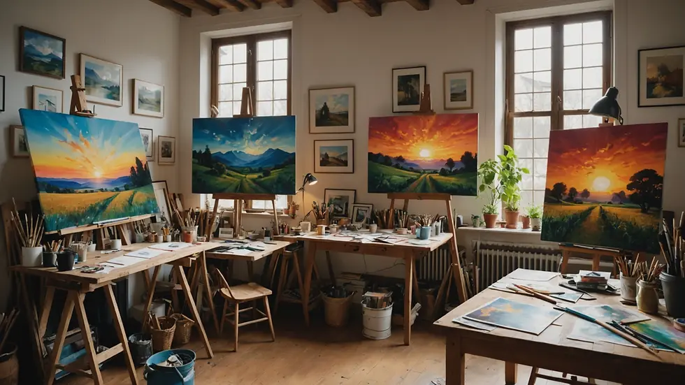 Eye-level view of a cozy artist's studio filled with vibrant paintings