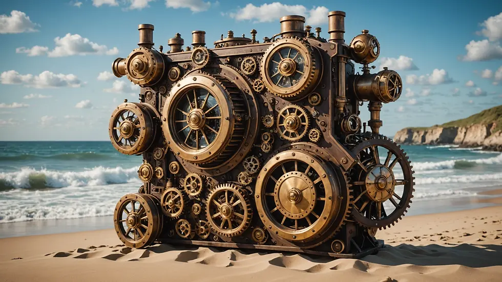 Eye-level view of intricate steampunk machinery juxtaposed with sandy beach and waves