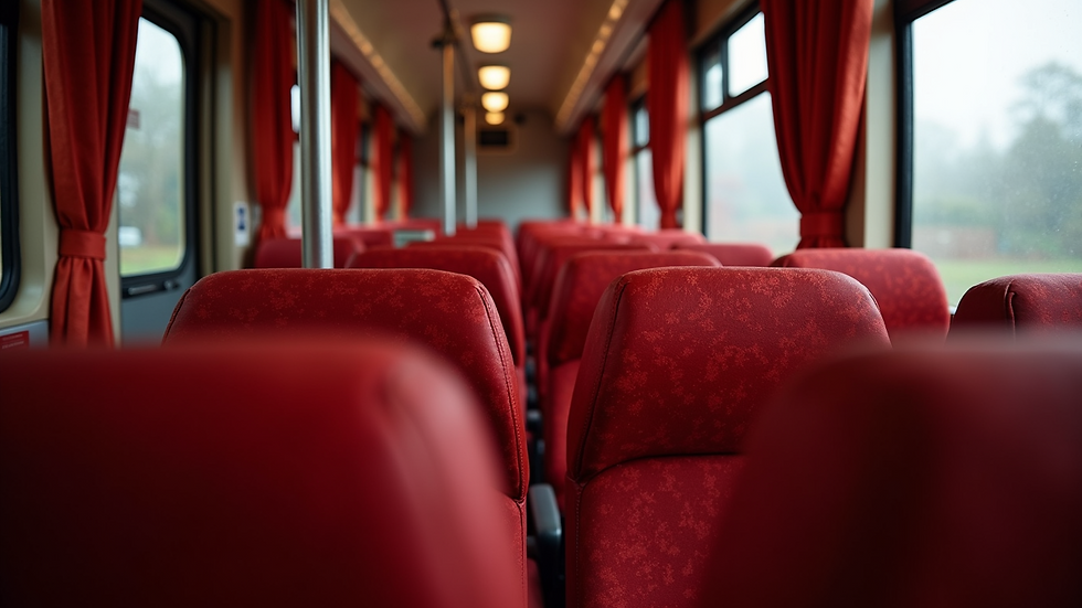 Eye-level view of red train seats and curtains