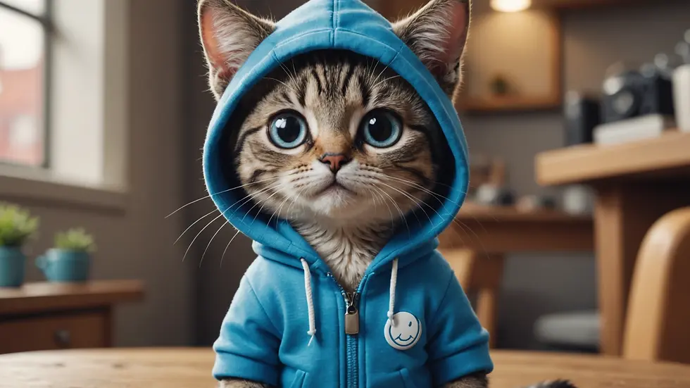 Close-up view of a cartoon cat wearing a blue hoodie