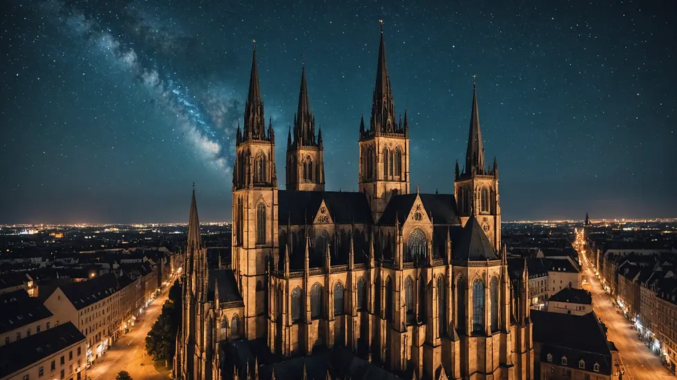 High angle view of a Gothic cathedral against a starry night sky