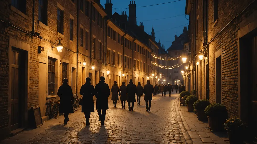 Warmly lit historical alley with silhouettes of people strolling