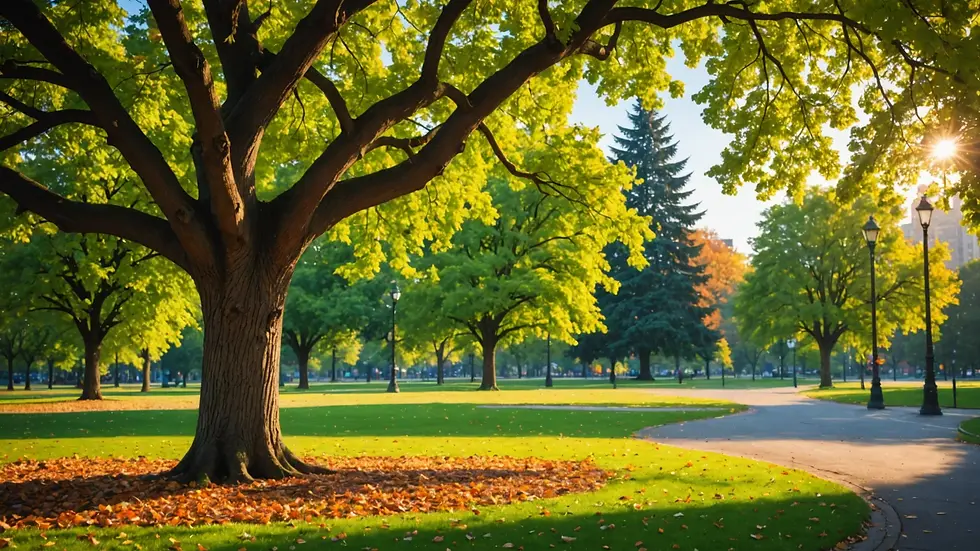 A vibrant city tree providing habitat for various birds and squirrels in an urban park
