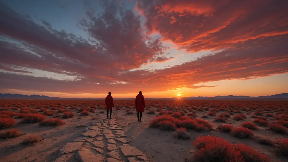 Wide angle view of a lone figure clad in red against a barren landscape and vibrant sunset.