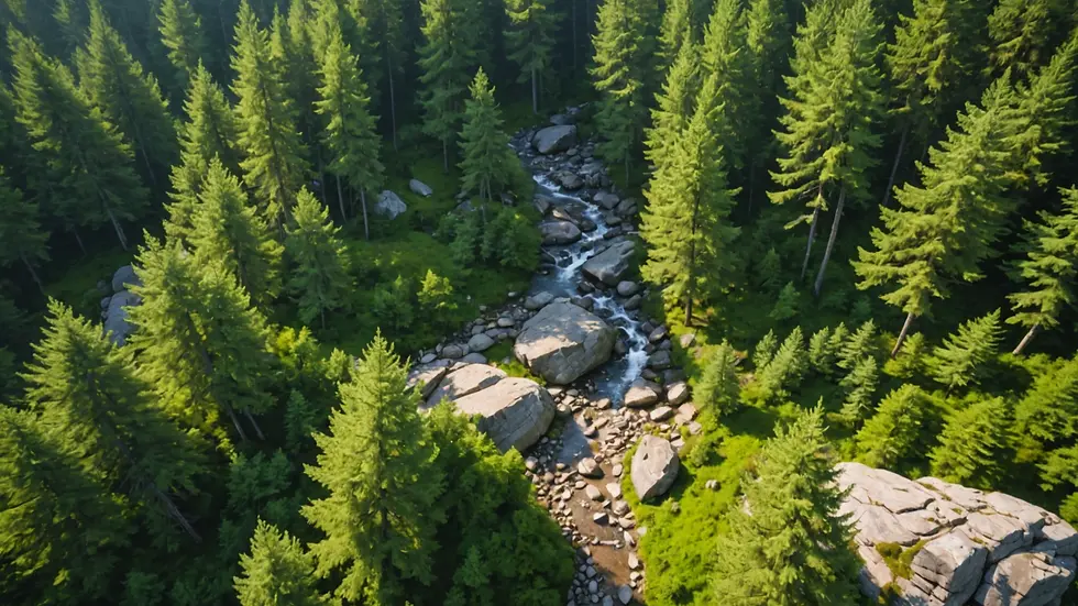 High angle view of a tranquil forest landscape with tall trees and scattered rocks