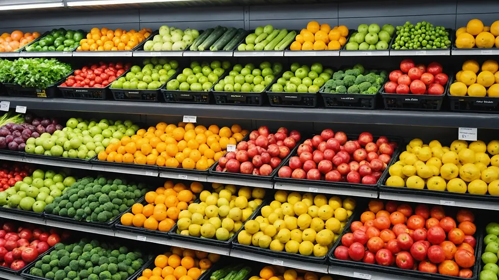 Close-up of an organized produce section with bright colors of fruits and vegetables