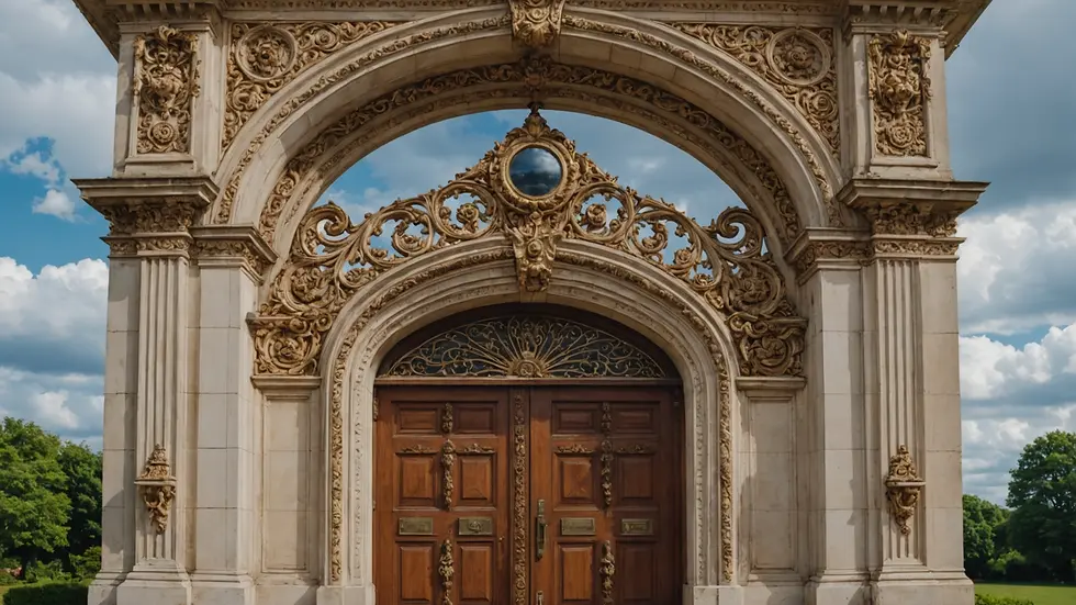 Eye-level view of a beautiful ornate doorway framed against a cloudy sky