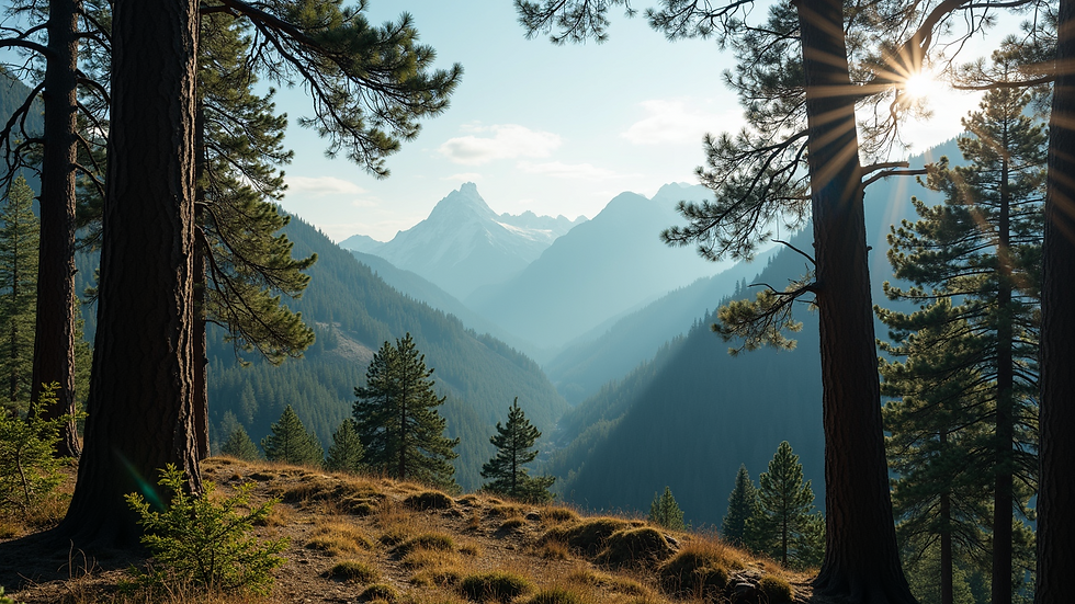 Eye-level view of towering pine trees with mountains in the background