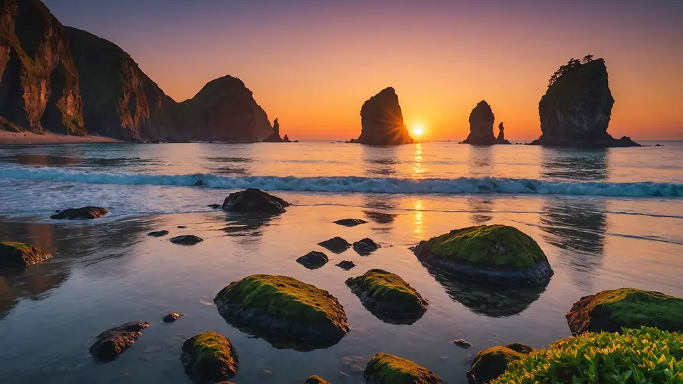 Wide angle view of sea stacks illuminated by the vibrant sunset