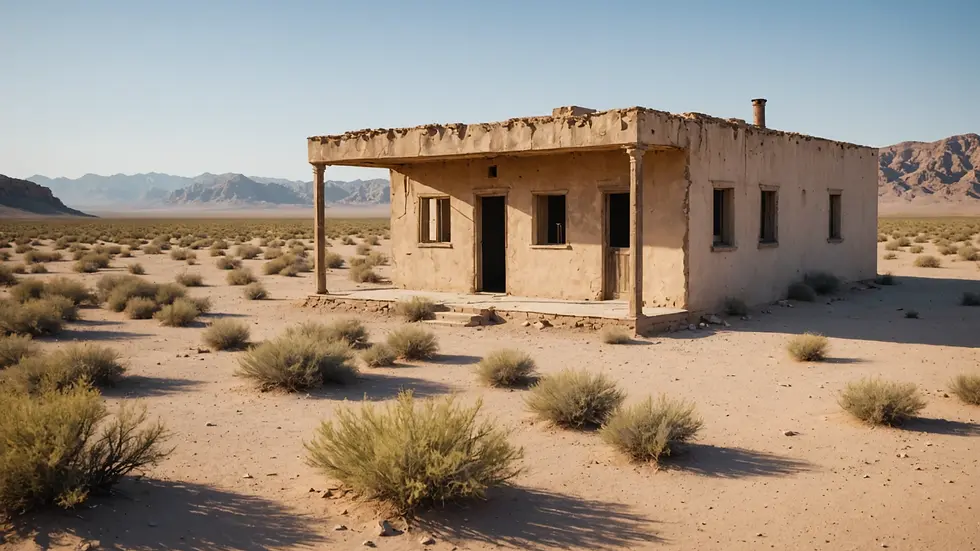 A solitary abandoned house in the desert with sparse vegetation surrounding it.
