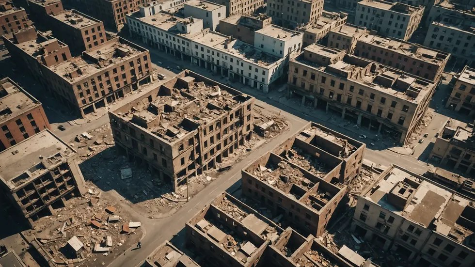 High angle view of a crumbling urban landscape with scattered debris