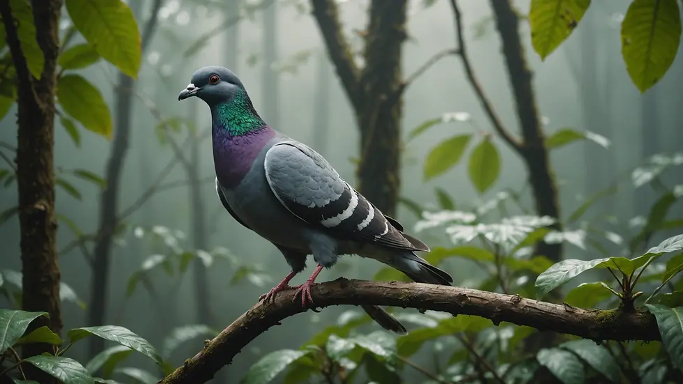 Close-up view of a pigeon perched on a tree branch in a misty jungle