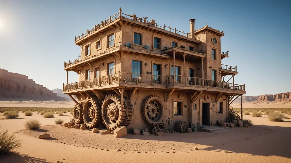 Wide angle view of a surreal gear-adorned house in the desert