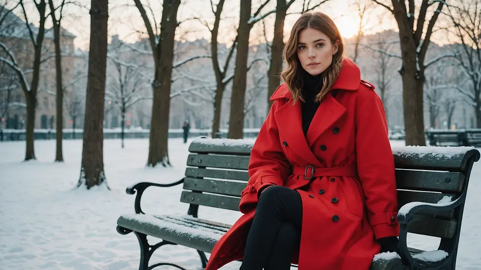 Eye-level view of a red coat draped over a snowy bench