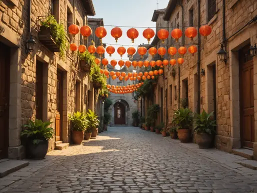 Uncovering the Mystery of the Sunlit Cobblestone Alley: An Illustrated Exploration of Narrow Paths and Hanging Lanterns