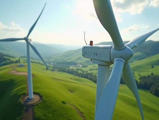 Exploring the Intersection of Innovation and Nature: Aerial Drone Photography of Wind Turbines in Green Hills