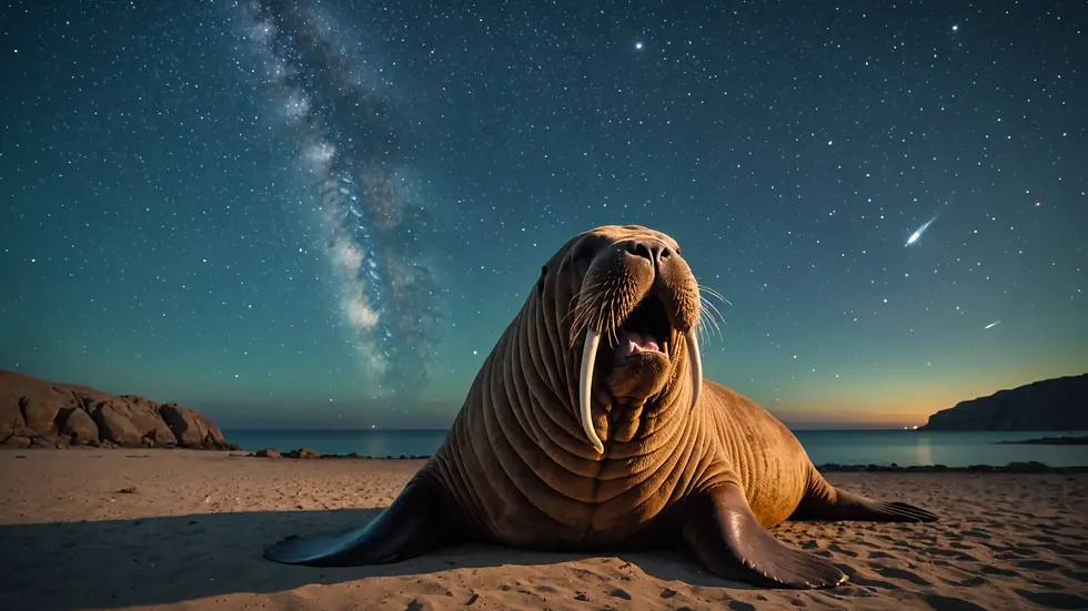 Wide angle view of a walrus basking under the starry sky
