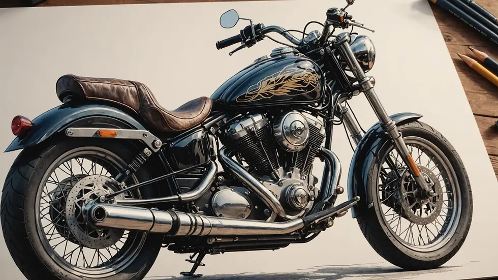 Eye-level view of a beautifully hand-drawn motorcycle illustration