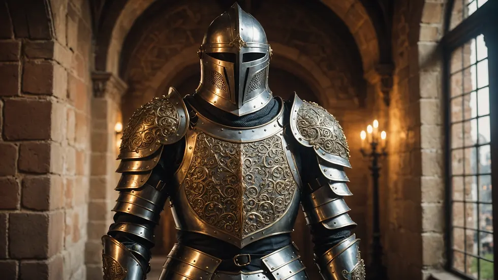 Eye-level view of a suit of ornate medieval armor in a historic setting