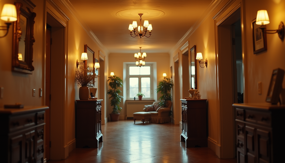 Elegant hallway with warm lighting, chandeliers, and sconces. Potted plants and armchair by window create a cozy atmosphere.