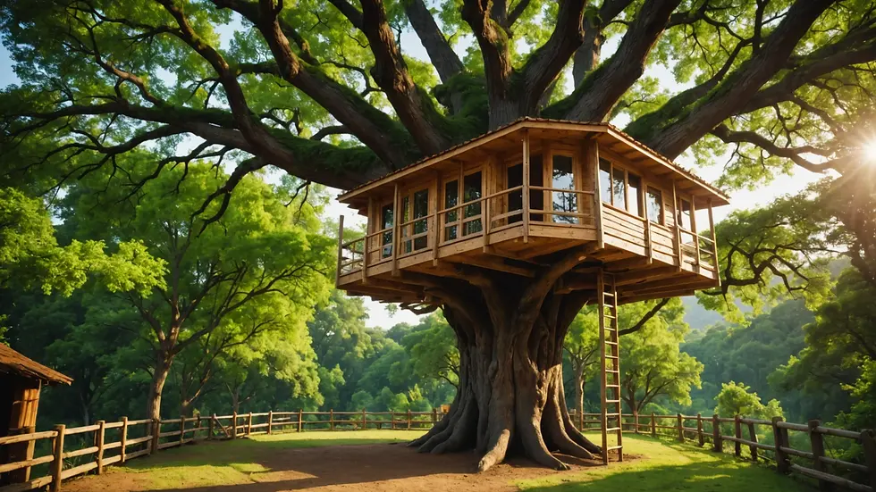 Wide angle view of a tree hotel room suspended high among branches