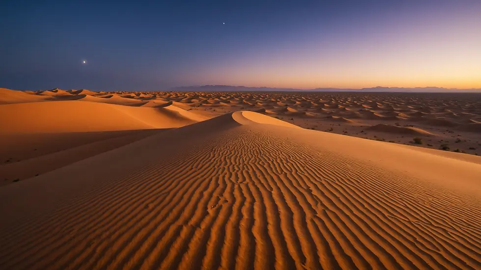Wide angle view of a vast illuminated desert under twilight sky