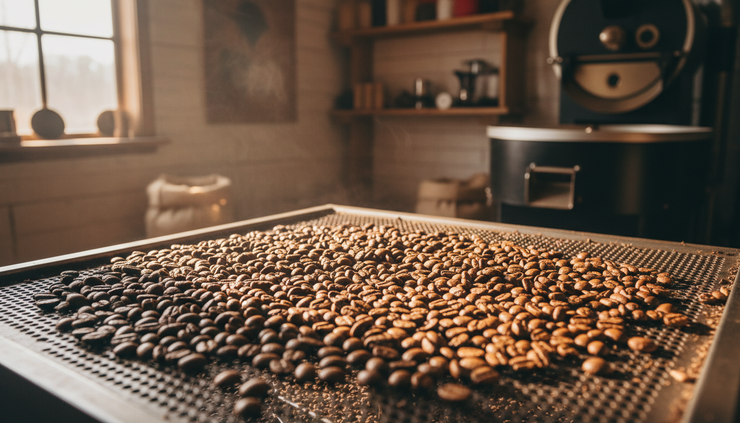 Close-up view of freshly roasted Guatemalan coffee beans cooling in a small-batch roastery.