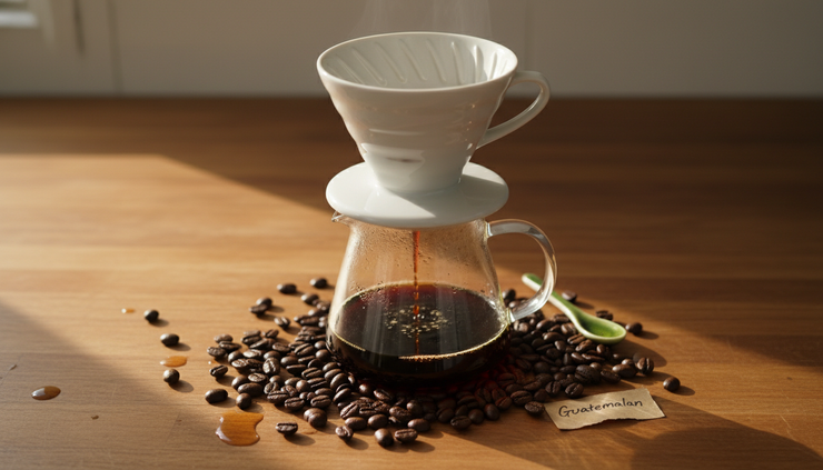 Overhead view of a ceramic pour-over brewer dripping coffee into a glass server.