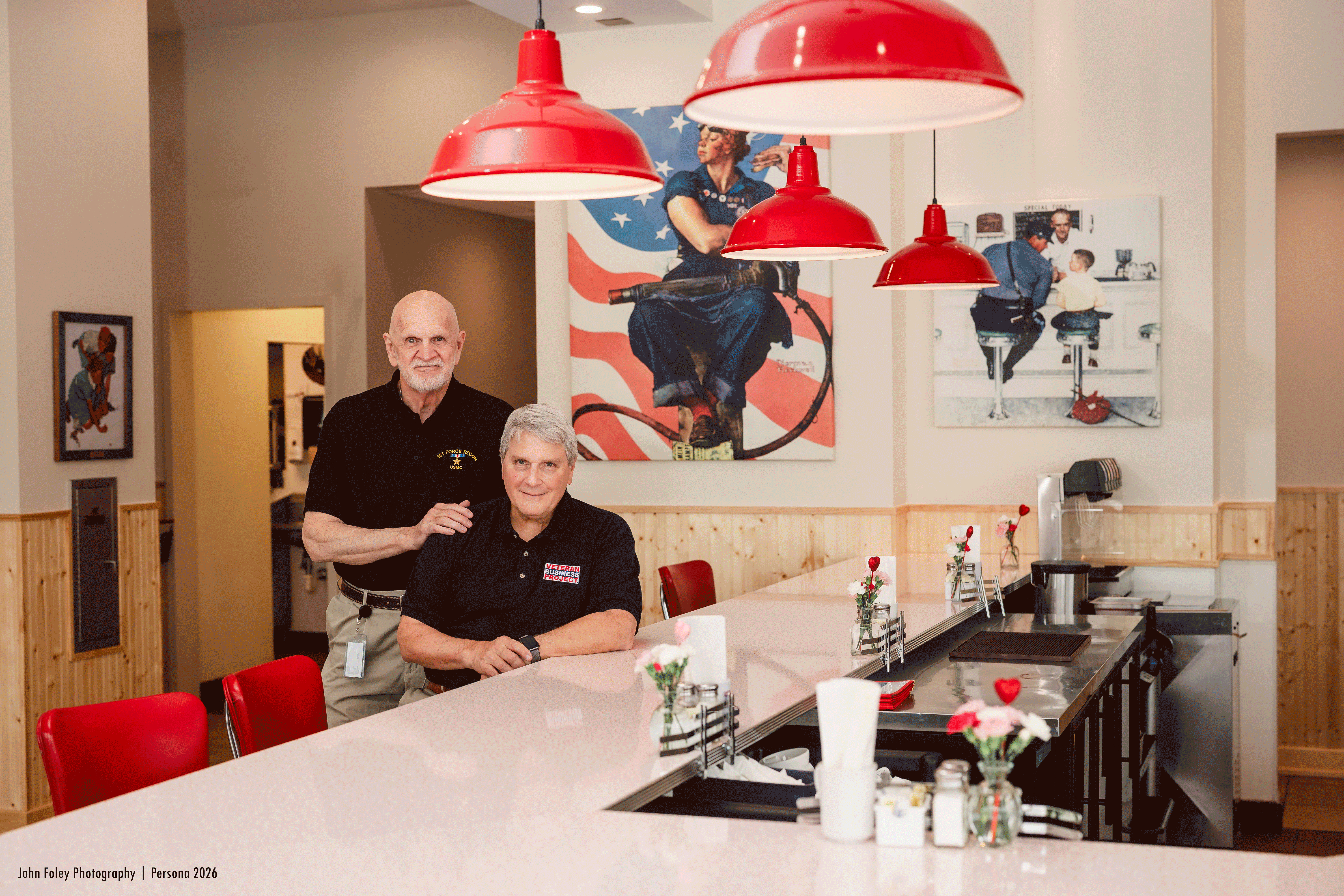 A hearty pancake, egg and bacon breakfast and Rosie's founders at the retro-style counter in a rotation of images