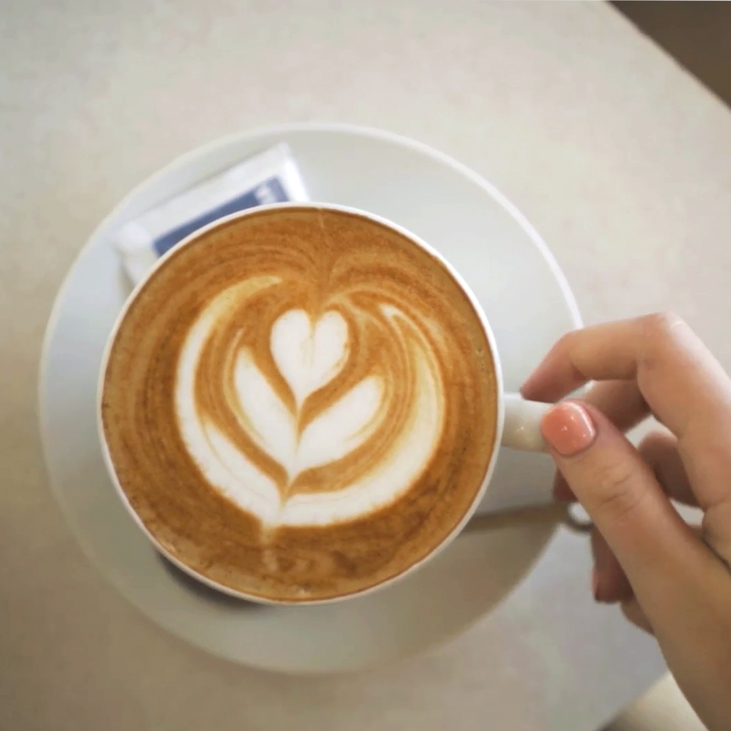 A cup of cappucino, a gelato display case and a woman carrying a to-go cup from Arista Café in a rotating image display