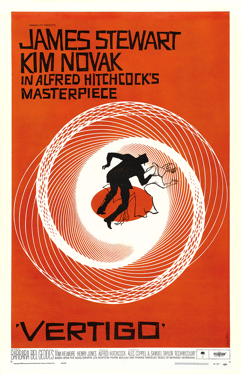 Picture of the cinema poster of vertigo from 1958, illustration of a man and a woman caught in a white spiral on an orange background
