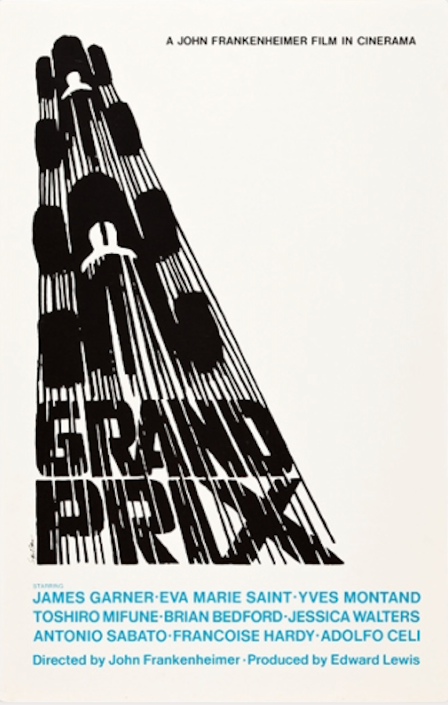Picture of the cinema poster of grand prix from 1966, illustration of fast racing cars on a white background