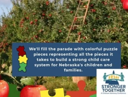 Stronger Together AppleJack Festival Parade flyer inviting Nebraska child care providers, staff, families, and children to join the parade.
