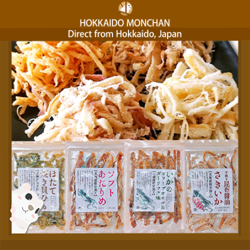 Hokkaido delicacies: dried squid, squid slices, cuttlefish strips, grilled scallops, olive oil and garlic, kelp and soy sauce