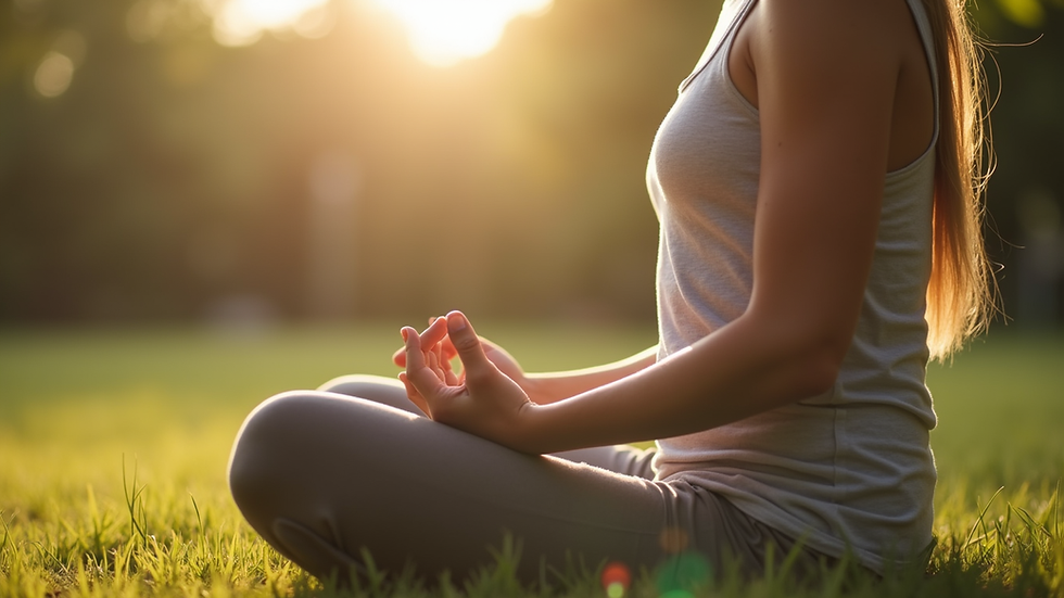 Close-up view of a person practicing mindful breathing outdoors