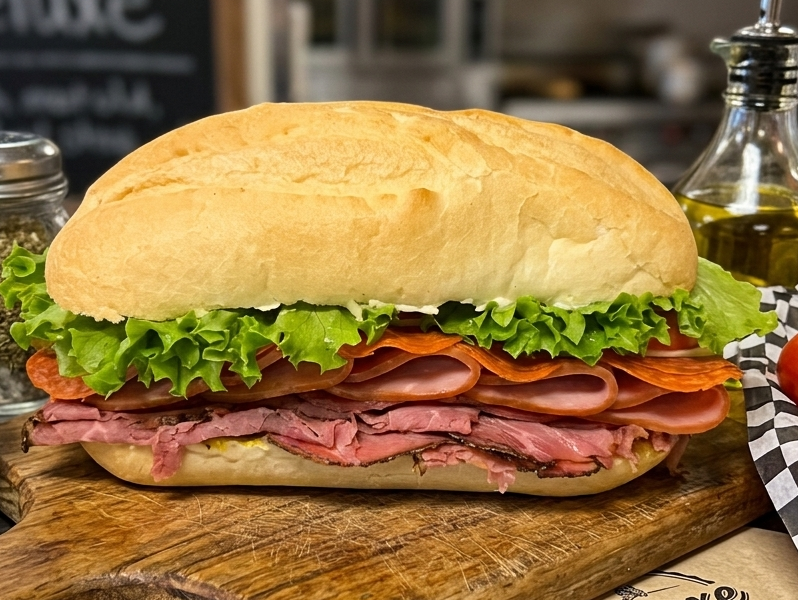The Italian sandwich containing Salami, Pastrami, Ham, Pepperni as meats.